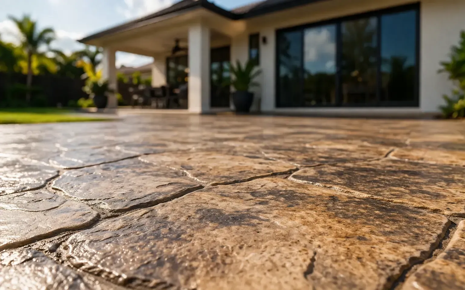 A close-up view of a textured stamped concrete patio slab in Torrington, Toowoomba.
