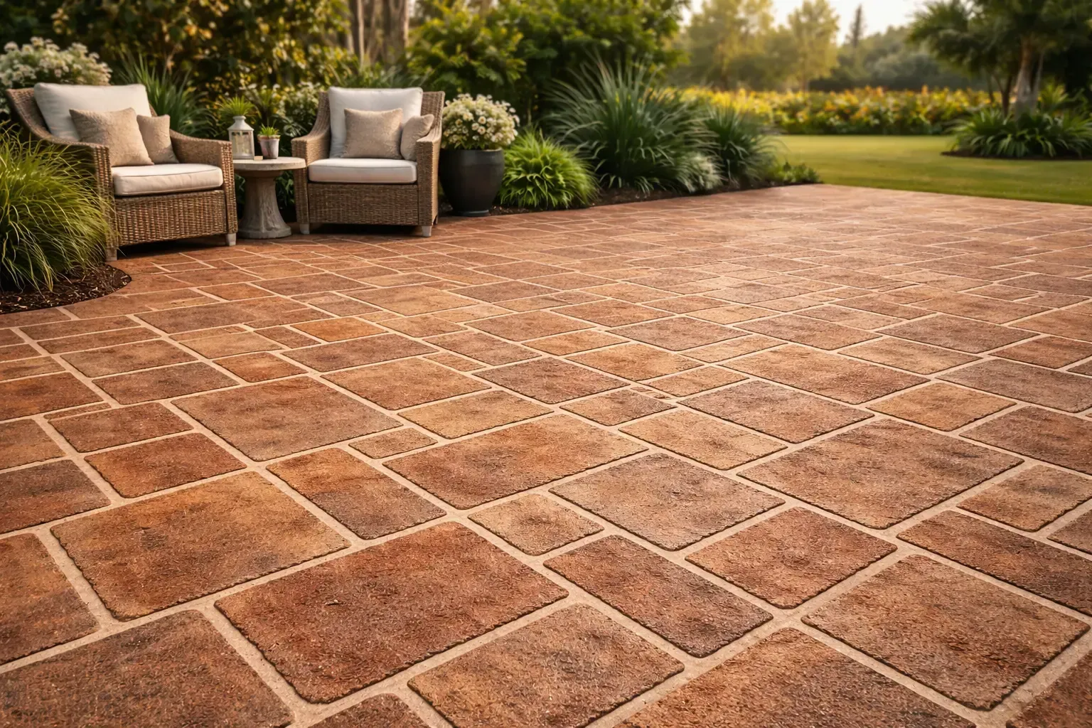 Stencilled concrete patio surface, at a home in Highfields.