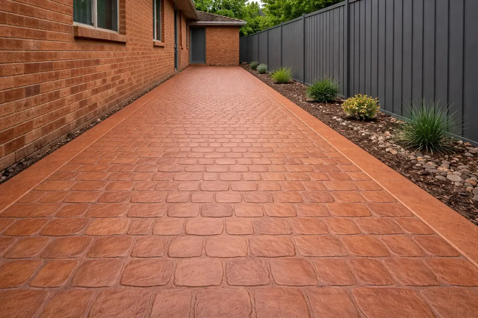 A stamped concrete walkway with a red brick pattern alongside a brick house in Newtown, Toowoomba