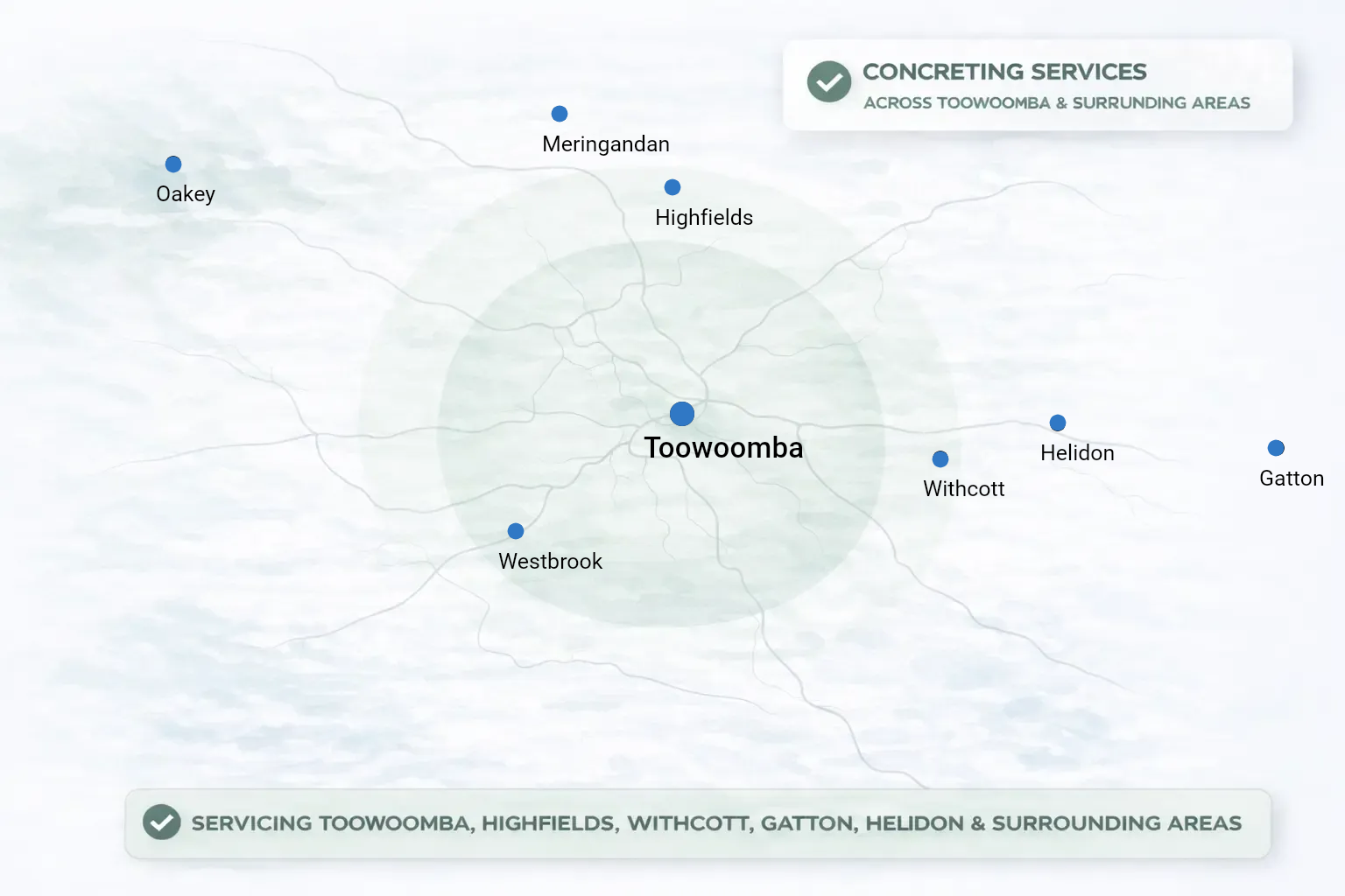 A map of Toowoomba and surrounding regions, highlighting service areas for Toowoomba Concreter.
