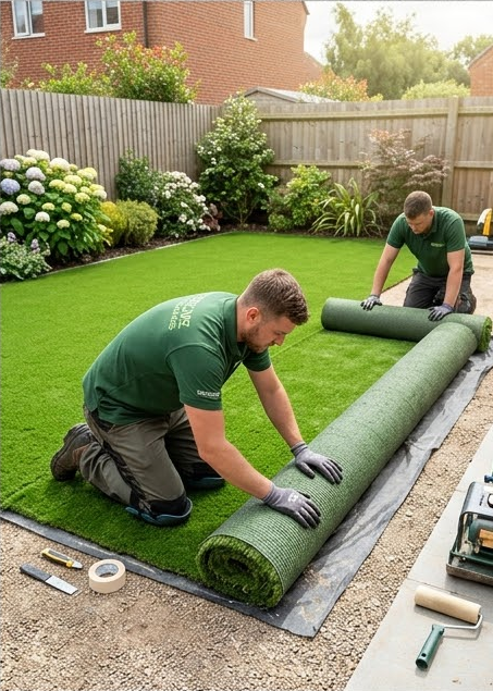 Two professionals installing artificial grass in a backyard.