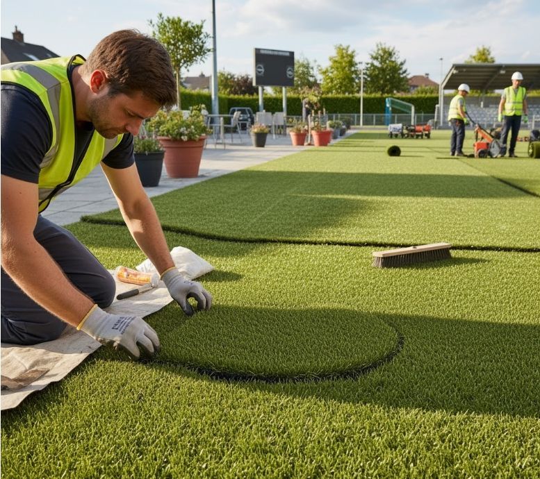 Construction workers installing artificial turf on sports field.