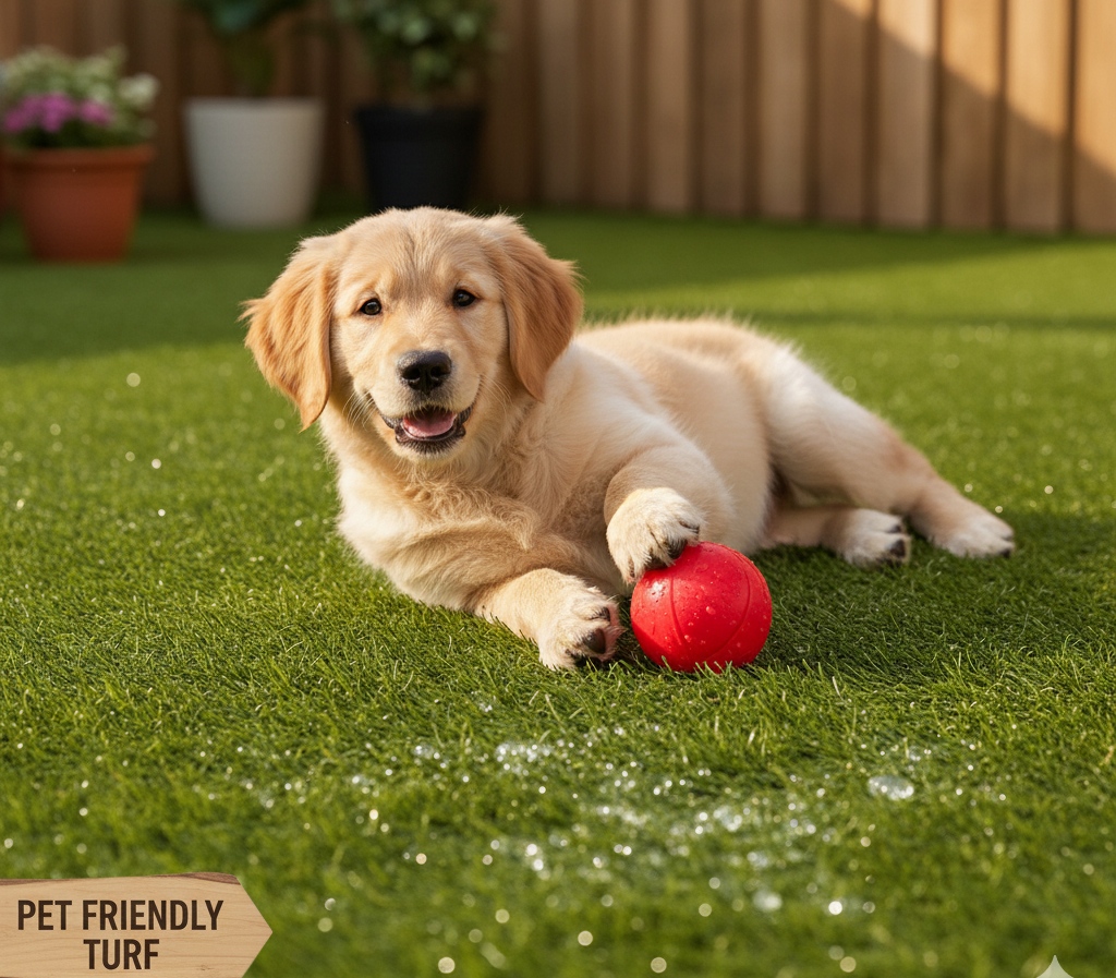 Golden Retriever puppy playing with a red ball on grass.