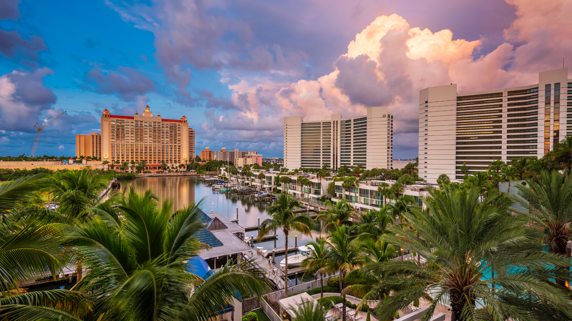 Tropical cityscape with palm trees, waterfront villas, and modern white buildings against a colorful sky.