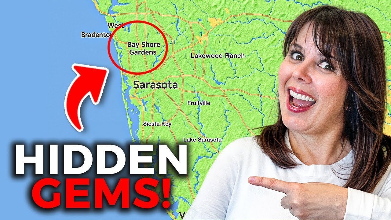 Woman pointing at a map highlighting the Sarasota, Florida area with a 