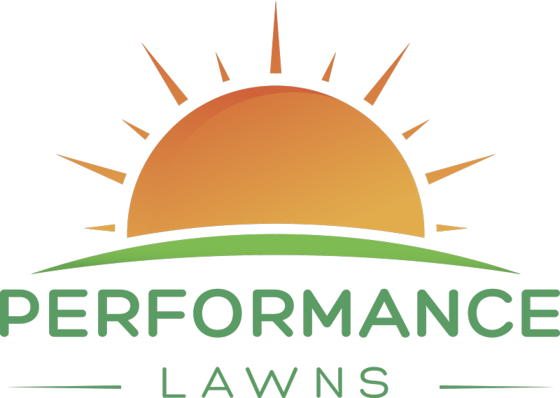 Logo: Orange sun over a green lawn, with 