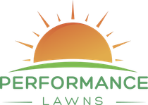 Logo: Orange sun over a green lawn, with 
