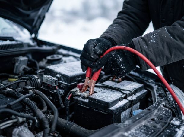 Person jump-starting a car battery with red jumper cables in snowy conditions