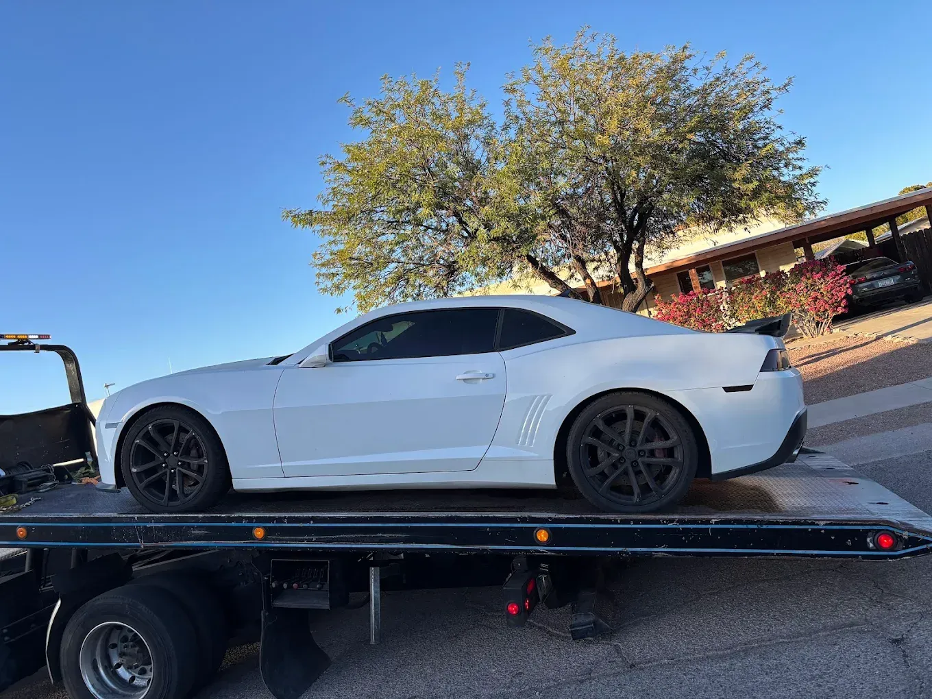 White sports car strapped on a flatbed trailer outdoors under a clear blue sky.