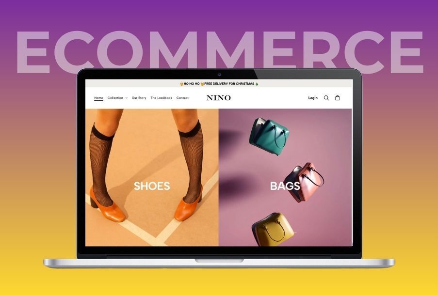 Laptop displaying an e-commerce website for shoes and bags with purple and yellow gradient background.