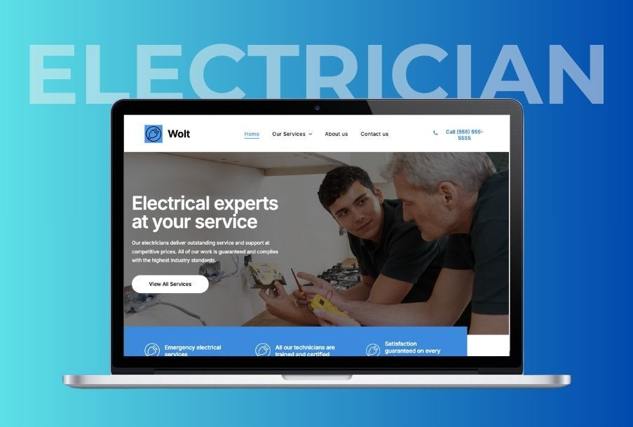 Laptop showing a website with two electricians working on electrical wiring. Blue background with