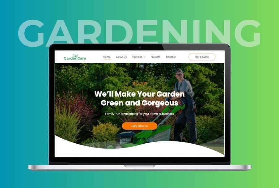 Laptop displaying a gardening website, with a person mowing a lawn. Text overlay: