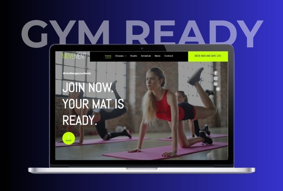 Laptop displaying a fitness website with people exercising on mats. Text: