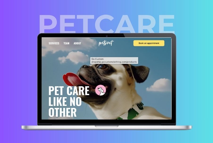 Laptop screen displaying pet care website with a smiling dog, blue sky background.