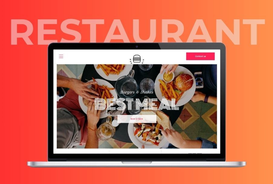 Laptop displaying a restaurant website with hands reaching for food, burger, fries.