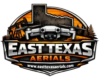 East Texas Aerials logo with drone over industrial skyline in orange, black, and silver