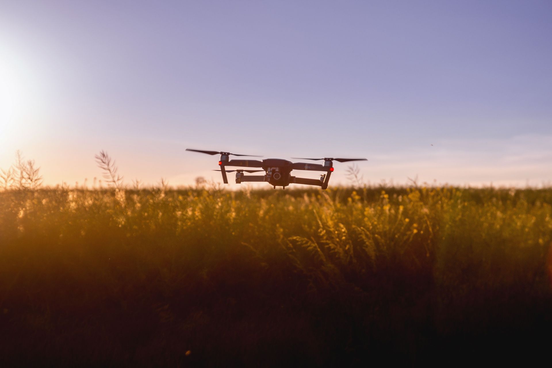 Drone hovering above tall grass at sunset under a purple sky