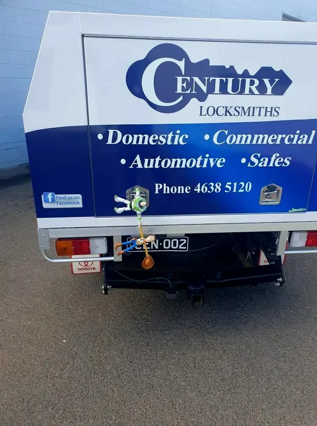 Back of a White and Blue Century Locksmiths Truck With Logo, License Plate, and Rope — Century Locksmiths in Crows Nest, QLD