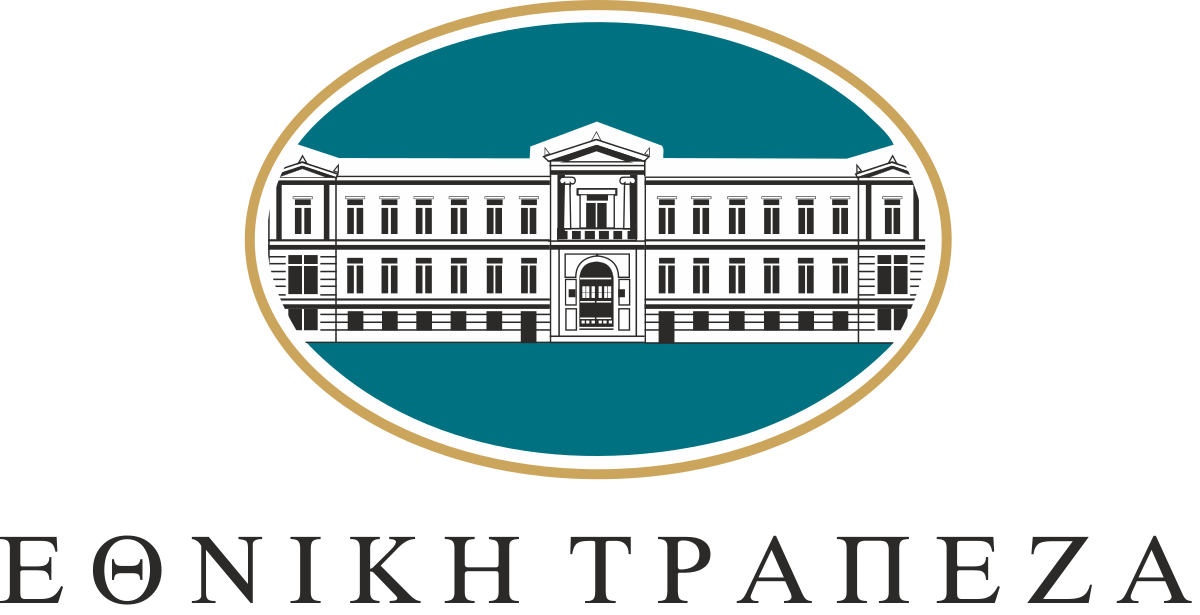 Λογότυπο της Εθνικής Τράπεζας της Ελλάδος, που απεικονίζει ένα γαλαζοπράσινο κτίριο μέσα σε ένα χρυσό οβάλ περίγραμμα, με ελληνικό κείμενο από κάτω.