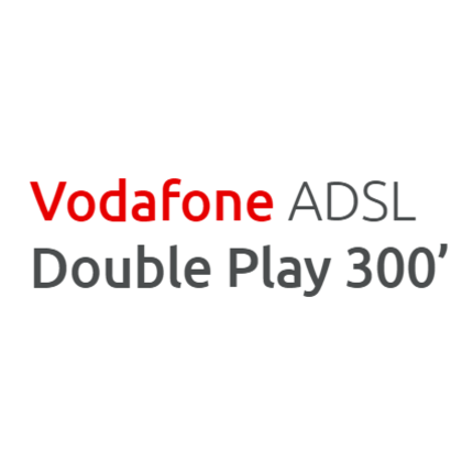 Λογότυπο Vodafone ADSL Double Play 300' με κόκκινο και γκρι κείμενο σε λευκό φόντο.