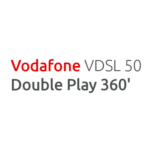 Λογότυπο Vodafone VDSL 50 Double Play 360' με την ένδειξη 
