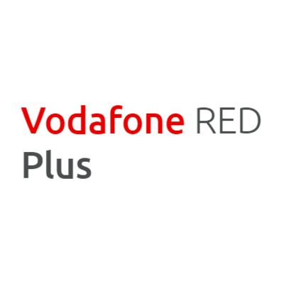 Λογότυπο Vodafone RED Plus: Κόκκινο κείμενο «Vodafone» και «RED Plus» σε σκούρο γκρι χρώμα σε λευκό.