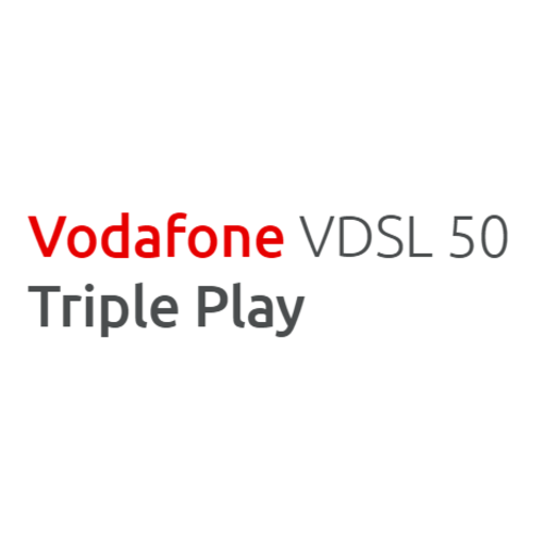 Λογότυπο Vodafone VDSL 50 Triple Play με κόκκινο και γκρι κείμενο.