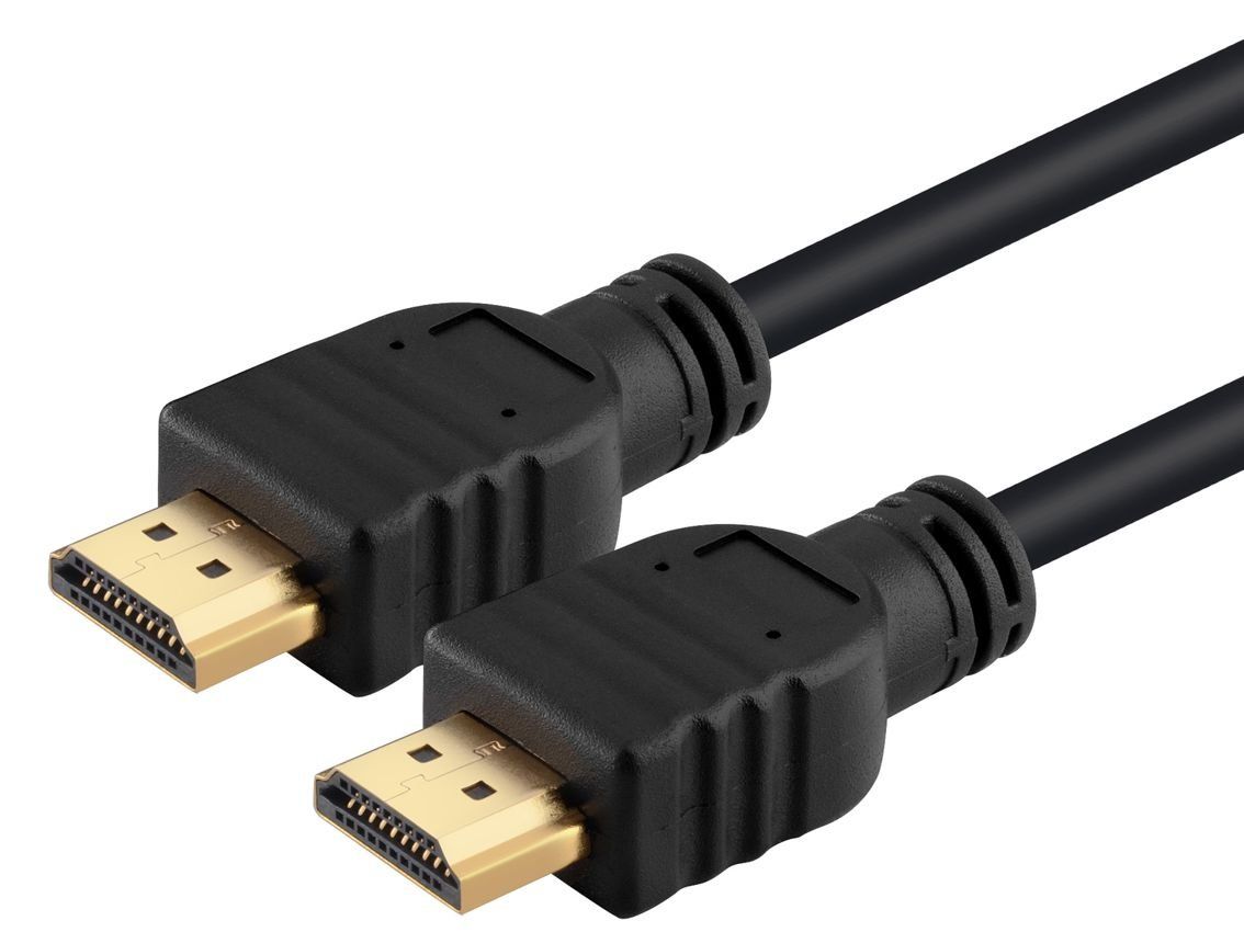 Δύο μαύρα καλώδια HDMI με χρυσές υποδοχές, τοποθετημένα το ένα δίπλα στο άλλο.
