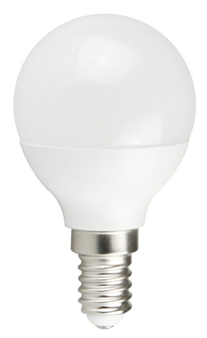 Λευκή λάμπα LED σε σχήμα σφαίρας με μικρή βιδωτή βάση.