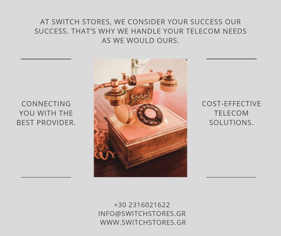 Διαφήμιση για τα καταστήματα Switch με ένα vintage τηλέφωνο, που προσφέρει λύσεις τηλεπικοινωνιών. Γκρι φόντο με κείμενο.