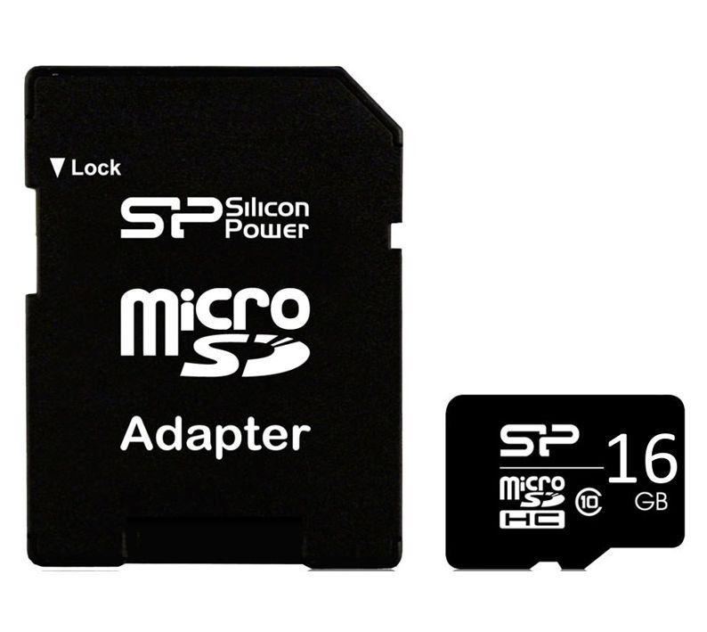Κάρτα MicroSD και προσαρμογέας, μαύρου χρώματος. Ο προσαρμογέας φέρει τις ετικέτες «Silicon Power» και «MicroSD». Η κάρτα φέρει τυπωμένη την ένδειξη «16 GB».