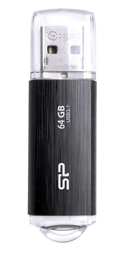 Μια μαύρη και ασημί μονάδα flash USB 64 GB με διαφανές καπάκι.