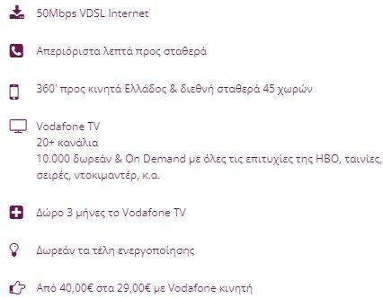 Πρόγραμμα internet Vodafone: 50Mbps VDSL, απεριόριστες κλήσεις από σταθερό, 360' προς κινητά, Vodafone TV, δωρεάν ενεργοποίηση, από 40€ έως 29€.