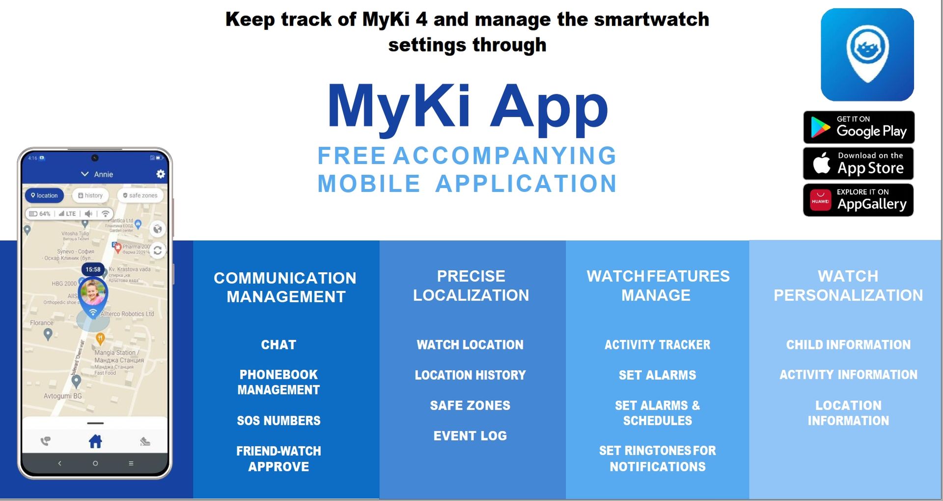 Διαφημιστικό γραφικό για την εφαρμογή MyKi. Διαθέτει smartphone που εμφανίζει την τοποθεσία στον χάρτη, μπλε κείμενο και εικονίδια καταστήματος εφαρμογών.
