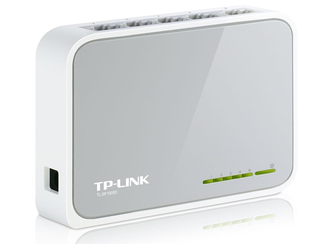 Λευκός και γκρι διακόπτης δικτύου TP-Link με πολλές θύρες Ethernet, είσοδο τροφοδοσίας και λυχνίες κατάστασης.