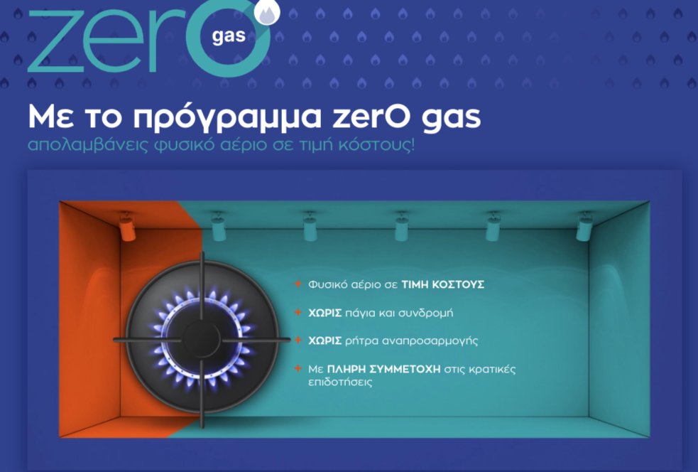 Μπλε διαφήμιση για το πρόγραμμα «μηδενικού φυσικού αερίου» που δείχνει μια σόμπα και κείμενο στα ελληνικά.