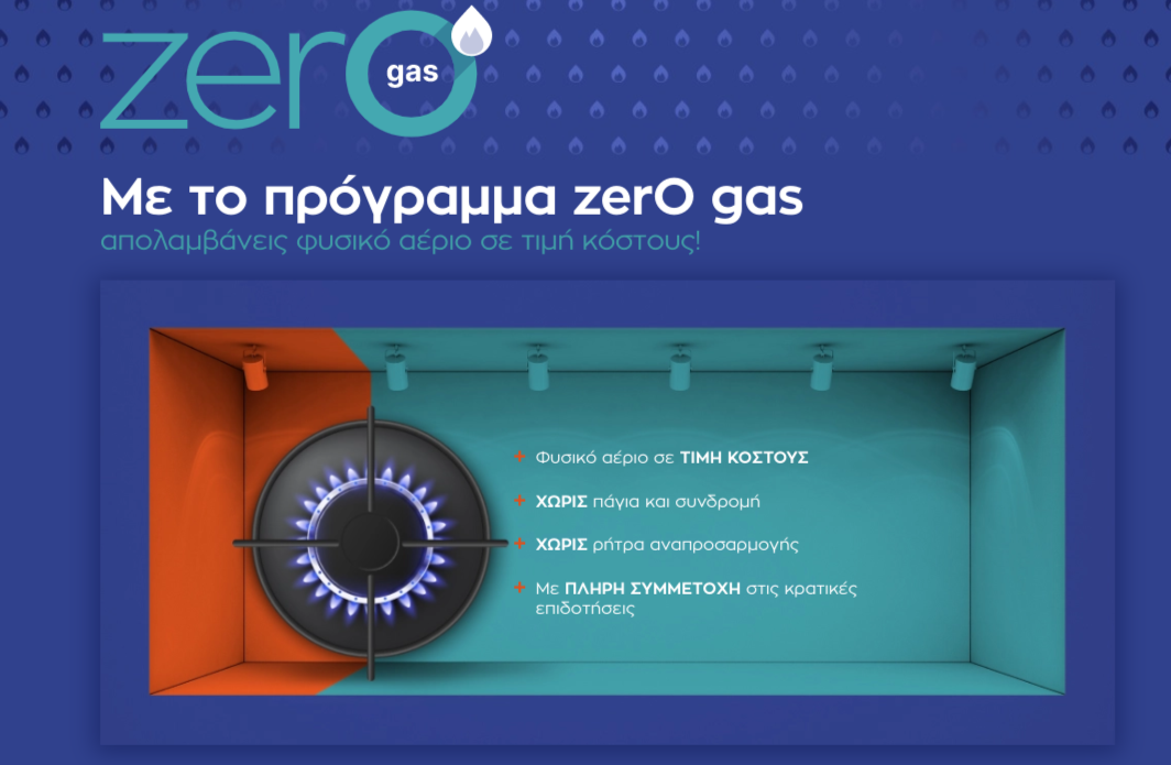 Διαφήμιση για το πρόγραμμα «μηδενικής κατανάλωσης φυσικού αερίου», με μια σόμπα αερίου σε ένα πορτοκαλί και γαλαζοπράσινο πλαίσιο.