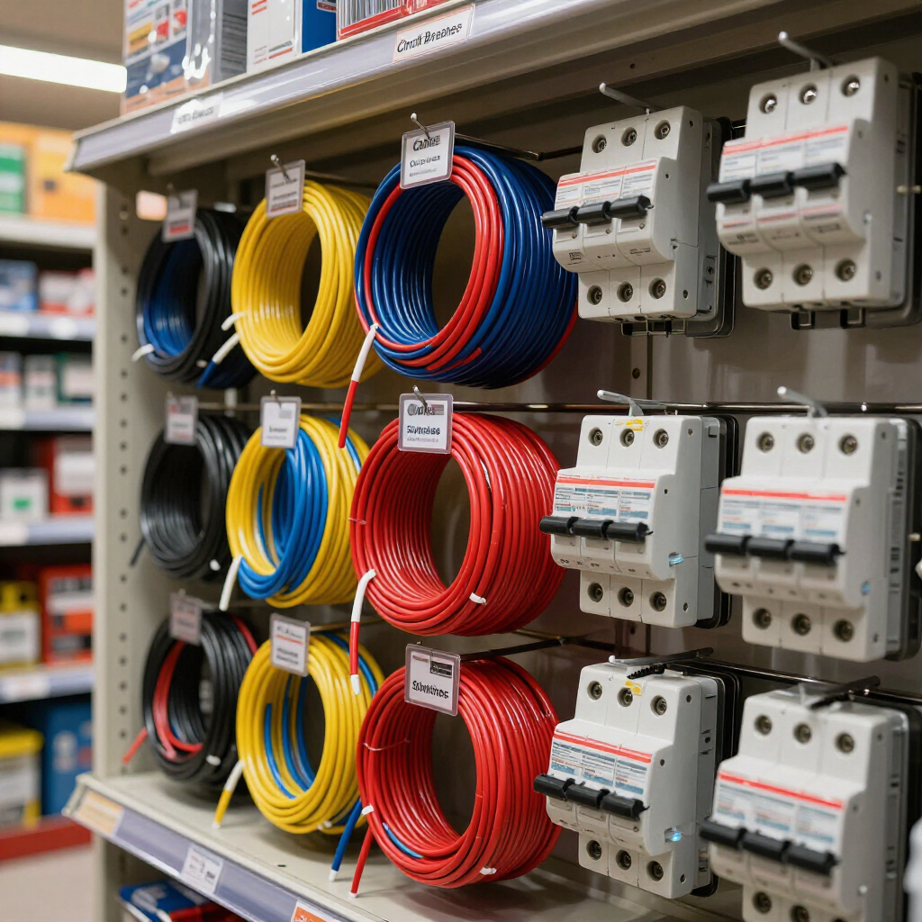 Estanterías de tiendas de suministros eléctricos con bobinas de alambre de colores y disyuntores.