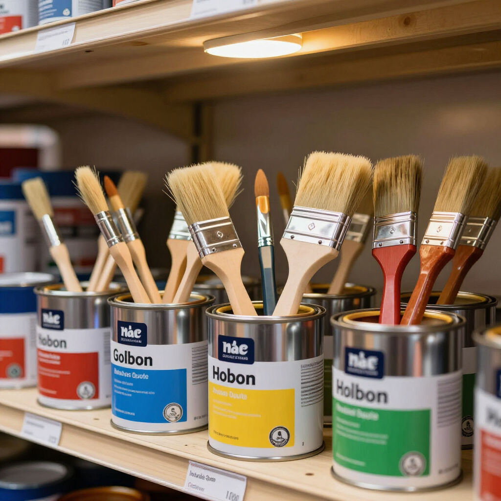 Pinceles en latas de pintura etiquetadas en un estante de una tienda de artículos de arte.