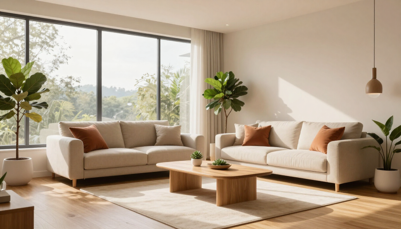 Salón luminoso y moderno con dos sofás beige, una mesa de centro de madera, plantas y grandes ventanales.