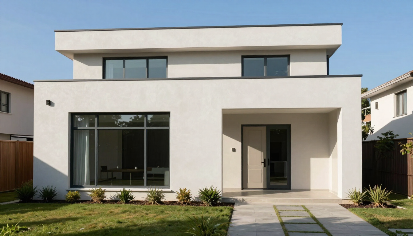 Moderna casa blanca de dos plantas con grandes ventanales, porche delantero y un pequeño jardín.