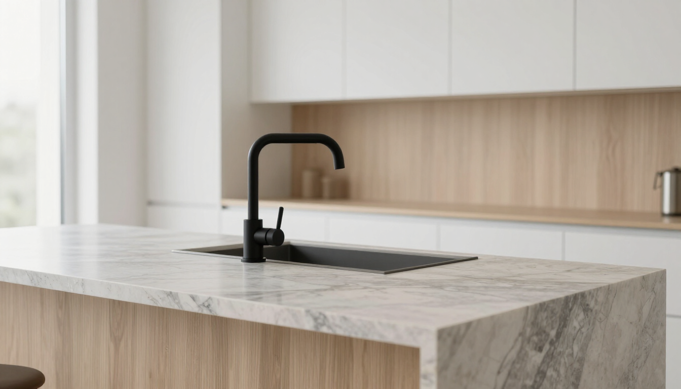 Moderna isla de cocina con encimera de mármol y grifo negro junto a una ventana.