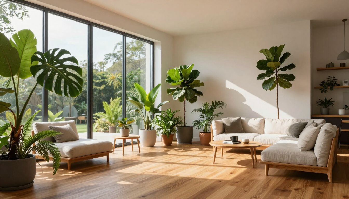Luminoso salón con grandes ventanales, suelos de madera, sofá blanco y varias plantas en macetas que reciben la luz del sol.