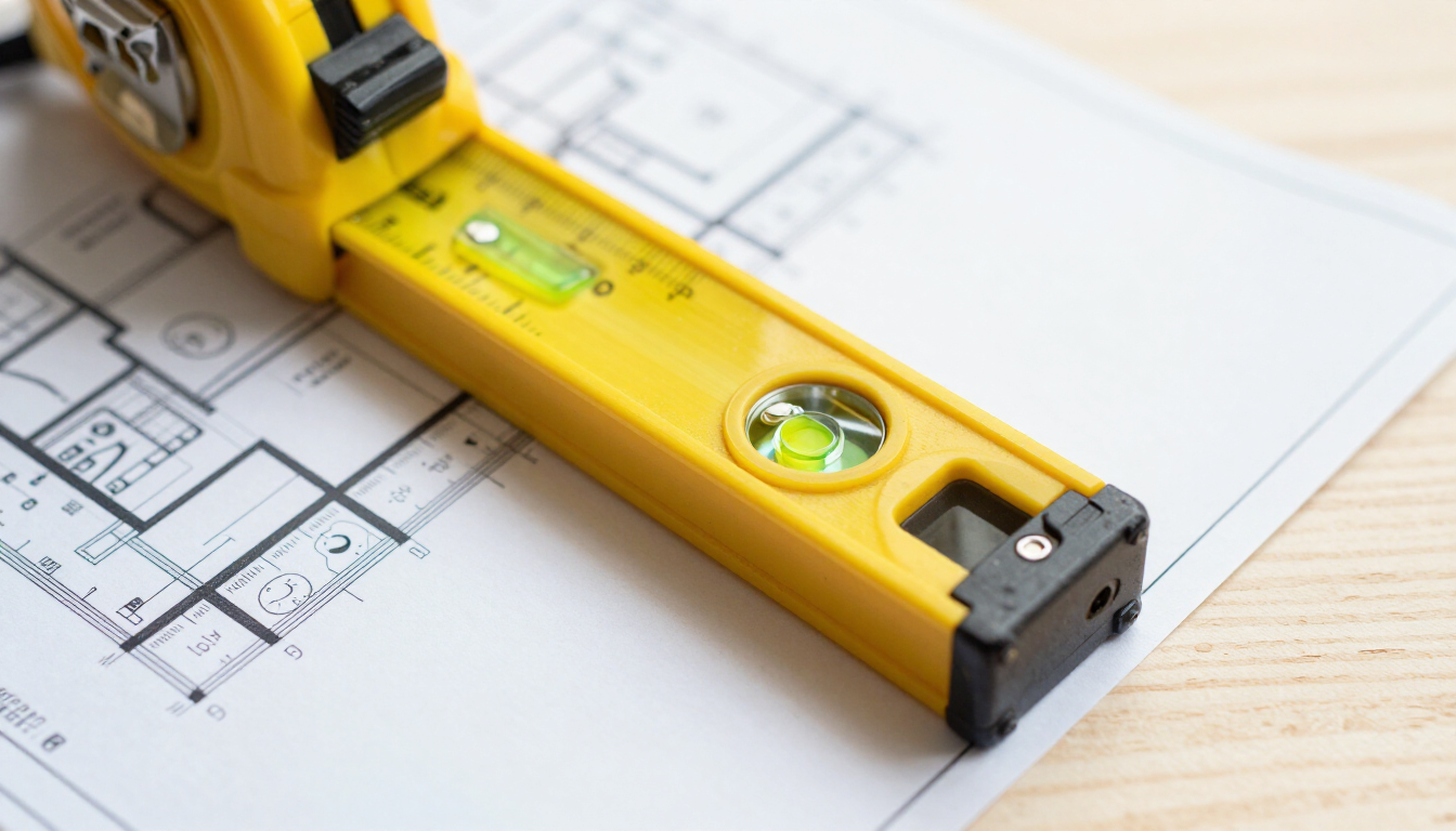 Nivel de burbuja amarillo sobre planos arquitectónicos en una superficie de madera.
