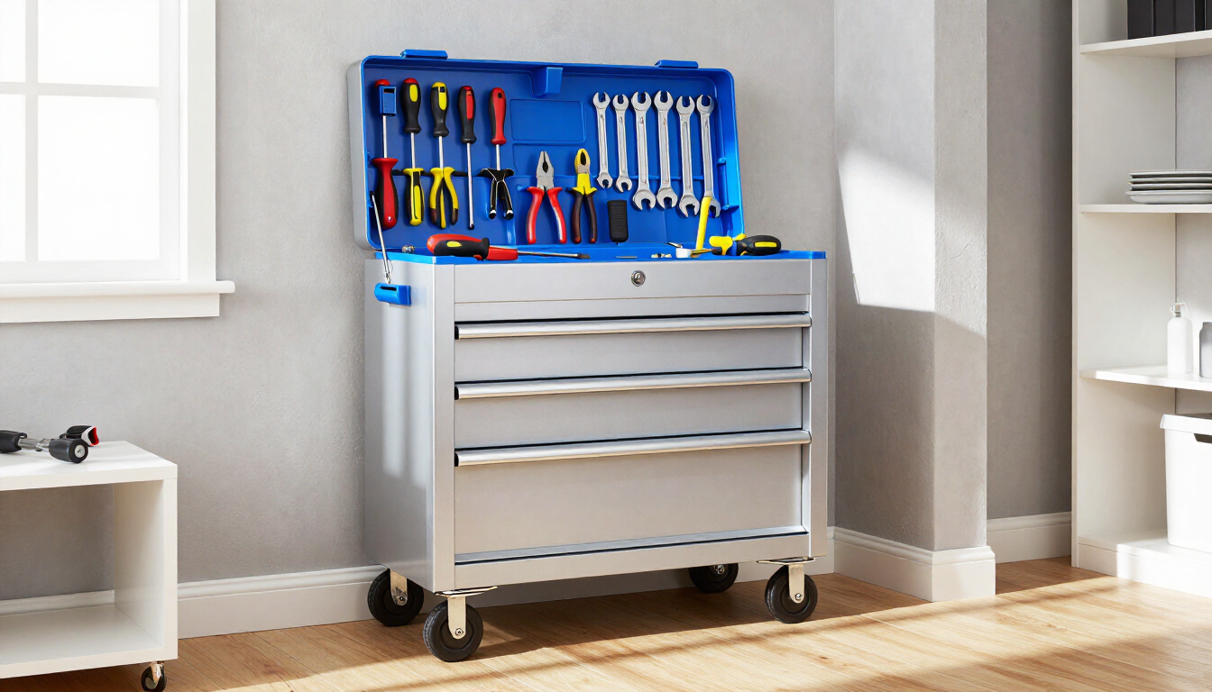 Caja de herramientas azul con ruedas y herramientas manuales colgantes en un rincón luminoso del taller.