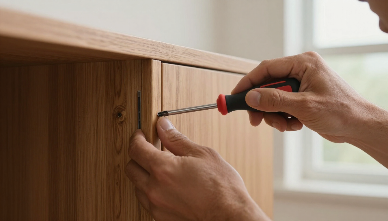 Manos utilizando un destornillador para ajustar la bisagra de un armario de madera.