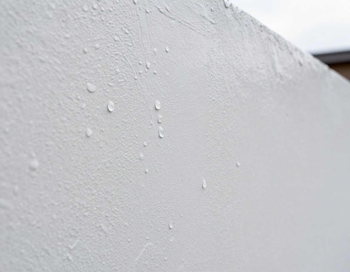 Primer plano de una pared blanca texturizada con pequeñas gotas de agua en su superficie.
