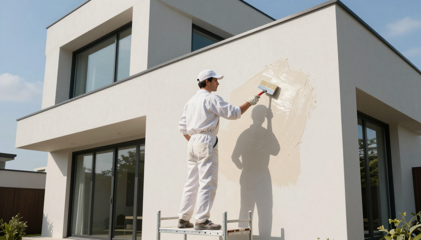 Pintor con mono blanco aplicando pintura beige en la pared exterior de una casa moderna.