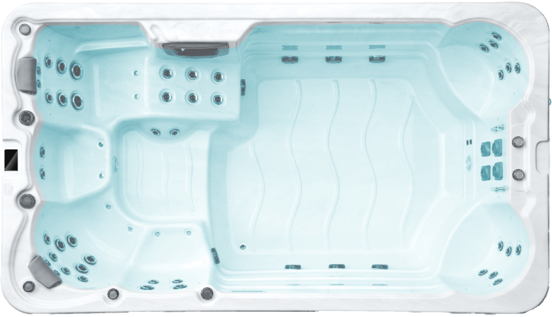 Top-down view of a blue swim spa with a hot tub section and a long swimming area.