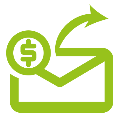 A green envelope with a dollar sign and an arrow coming out of it.